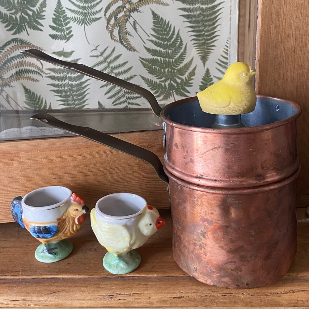 SOLD Vnt 30s Revere Ware Copper Double Boiler Egg Poacher Chicken Whistle 2 Cups